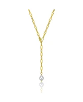 Sterling Silver 14K Gold Plated with White Freshwater Pearl Y-Style Necklace