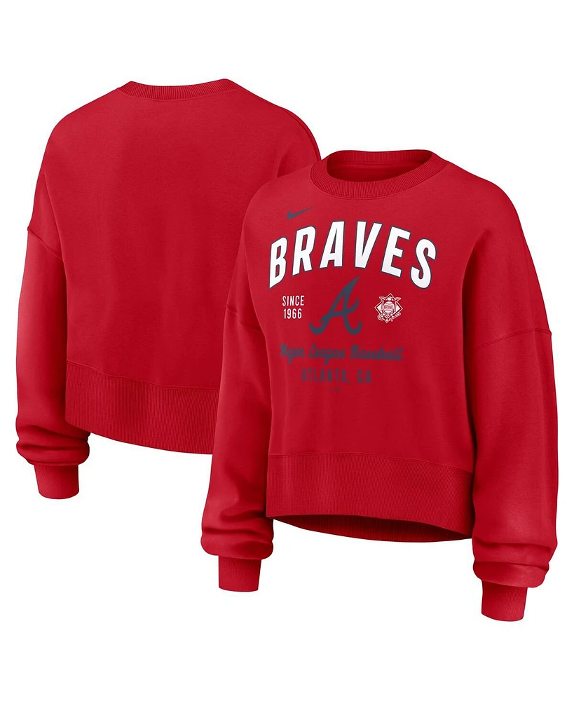 Nike Women's Red Atlanta Braves Oversized Long Sleeve Cropped Pullover Sweatshirt