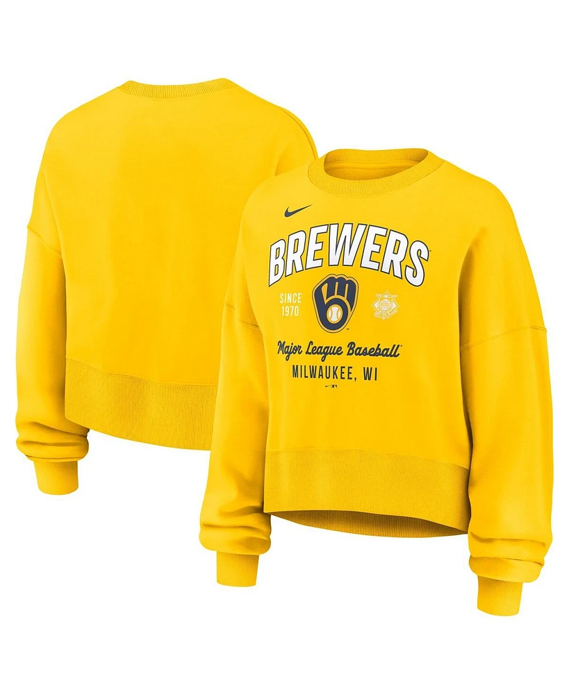 Nike Women's Gold Milwaukee Brewers Oversized Long Sleeve Cropped Pullover Sweatshirt