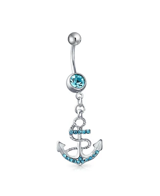 Bling Jewelry Nautical Anchor Dangle Bar Belly Ring Aqua Blue Crystal 316L Stainless Steel 14 Gauge