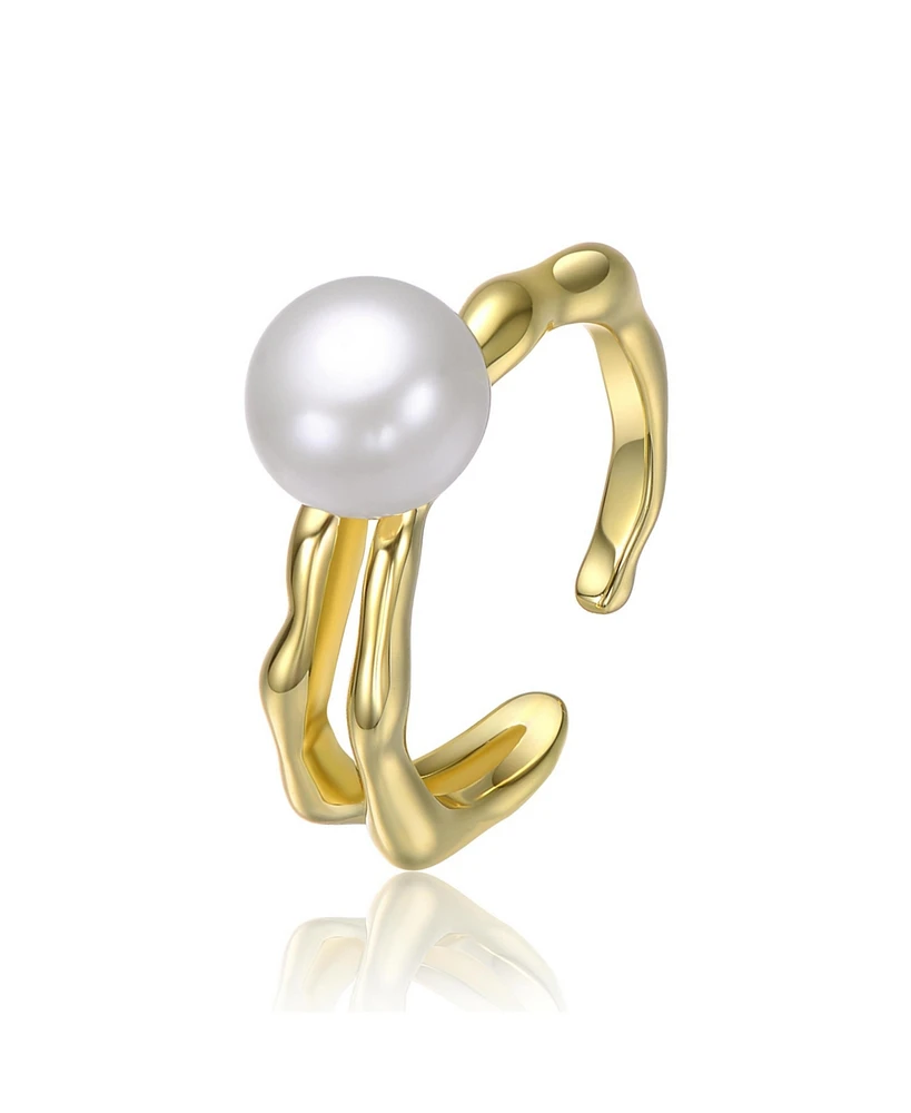 14K Gold Plated with Curved Design and Pearl Accent Open-Style Ring