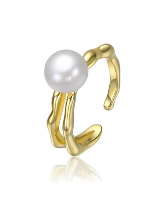 14K Gold Plated with Curved Design and Pearl Accent Open-Style Ring