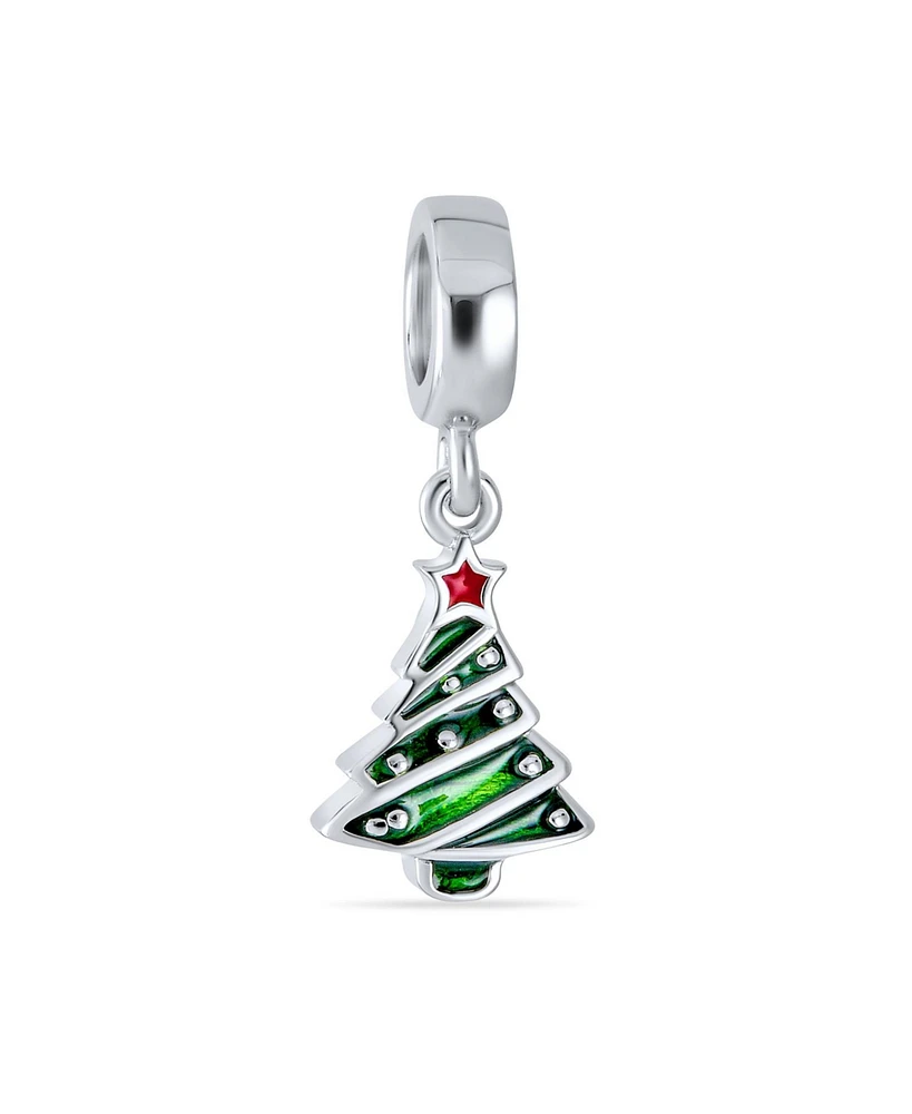 Bling Jewelry Holiday Red Star Green Decorated Christmas Tree Dangle Charm Bead Enamel .925 Sterling Silver