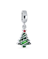Bling Jewelry Holiday Red Star Green Decorated Christmas Tree Dangle Charm Bead Enamel .925 Sterling Silver