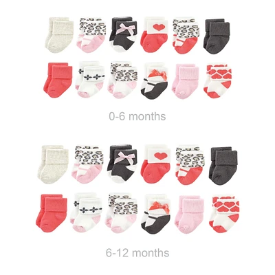 Luvable Friends Baby Girls Grow with Me Cotton Terry Socks, Leopard, 0-6 and 6-12 Months