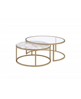 Set of Two 36" Clear White And Gold Glass Faux Marble And Iron Round Nested Coffee Tables