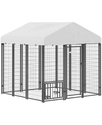 PawHut 5.9' x 5.9' x 6' Outdoor Dog Kennel with Rotating & Adjustable Bowls