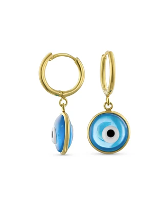 Bling Jewelry Spiritual Protection Round Blue Nazar Evil Eye Drop Huggie Mini Hoop Earrings Endless Murano Glass Yellow Gold Plated .925 Sterling Silv