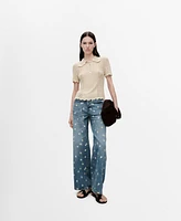 Mango Women's Flower-Embroidered Wide Leg Jeans