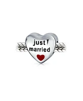 Bling Jewelry Red Heart Shape Two Sided Words Just Married Charm Bead .925 Sterling Silver