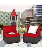 2PCS Patio Rattan Armless Sofa Sectional Conversation Furniture Set W/Cushion
