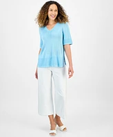 Jm Collection Petite Textured-Knit V-Neck Short-Sleeve Sweater, Exclusively at Macy's
