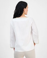 Jm Collection Petite Square-Neck Rope-Trim 3/4-Sleeve Top, Exclusively at Macy's