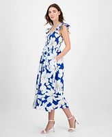 Anne Klein Petite Smocked Bodice Printed Midi Dress