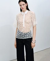 Mango Women's Floral Embroidered Semi-Transparent Shirt