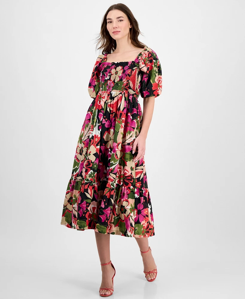Anne Klein Women's Smocked Puff-Sleeve Floral Midi Dress