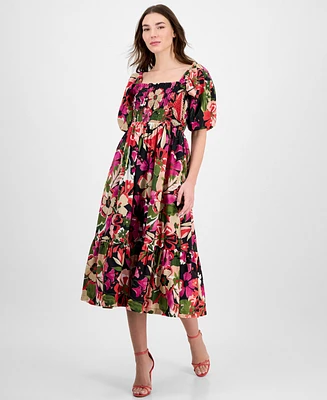 Anne Klein Women's Smocked Puff-Sleeve Floral Midi Dress