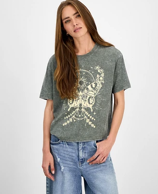 Rebellious One Juniors' Butterfly Mineral Wash Graphic T-Shirt