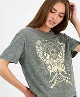 Rebellious One Juniors' Butterfly Mineral Wash Graphic T-Shirt