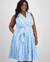 Tahari Asl Plus Cotton Striped Faux-Wrap Shirtdress