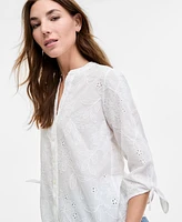 Jones New York Women's Y-Neck Button-Front Embroidered Cotton Top