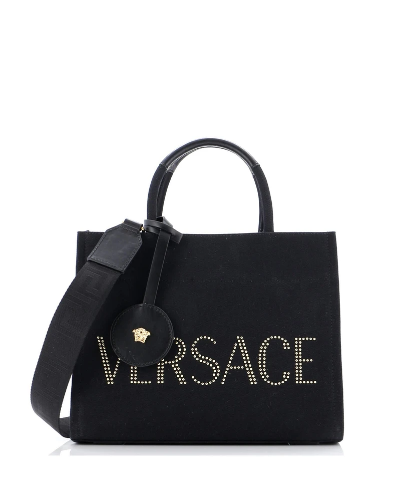 Pre-Owned Versace Small Logo Convertible Tote Studded Canvas