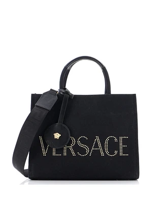 Pre-Owned Versace Small Logo Convertible Tote Studded Canvas