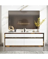 Tv stand with 6 drawers, media console with gold frame, white wooden entertainment center