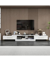 Tv stand with two drawers, retractable media console, white wooden entertainment center