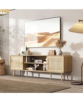 Tv stand with rattan door panels, media console with two doors and two compartments, entertainment center with legs