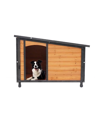 46"Dog House Outdoor & Indoor Wooden Dog Kennel for Winter with Raised Feet Weatherproof for Large Dogs(Gold red and black)Pvc waterproof roof(L)