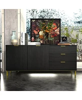 Tv stand with three drawers and two cabinet doors, media console metal feet, wooden entertainment center