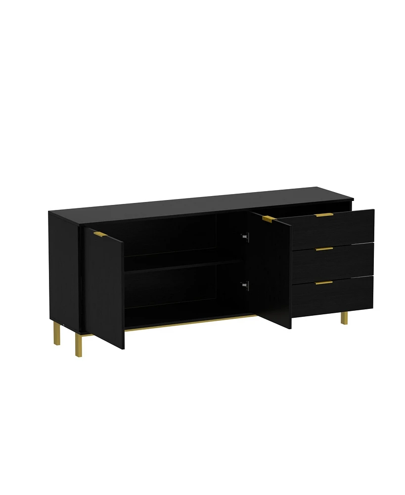 Tv stand with three drawers and two cabinet doors, media console metal feet, wooden entertainment center