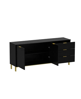 Tv stand with three drawers and two cabinet doors, media console metal feet, wooden entertainment center