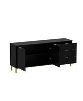 Tv stand with three drawers and two cabinet doors, media console metal feet, wooden entertainment center