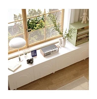 Tv stand with 4 cabinet doors, media console with six legs, white wooden entertainment center