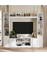 Black four-door Tv stand, media console with movable shelves, multi-purpose entertainment center