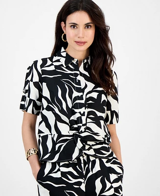 I.n.c. International Concepts Petite Printed Linen-Blend Twist-Front Top, Exclusively at Macy's