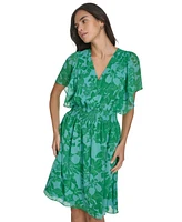 Jessica Howard Petite V-Neck Smocked-Waist Chiffon Dress