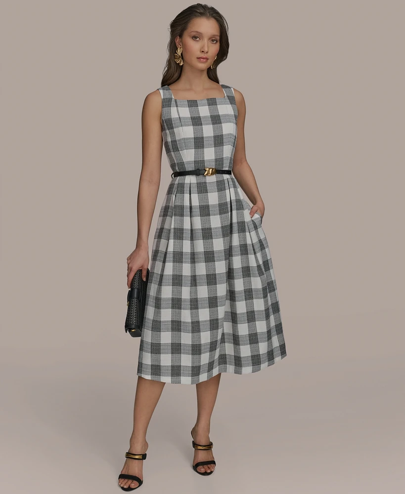 Donna Karan New York Women's Gingham-Print Belted A-Line Dress