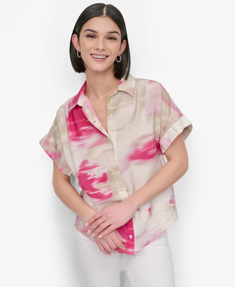 Dkny Women's Printed Rumpled Voile Button-Front Shirt