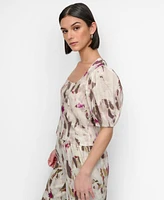 Dkny Women's Printed Woven Zip Puff-Sleeve Top
