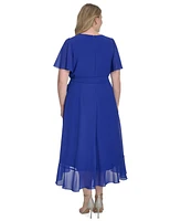 Jessica Howard Plus Chiffon Tie-Waist Ruffle-Trim Midi Dress