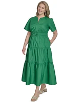Jessica Howard Plus Cotton Tiered Split-Neck Maxi Dress
