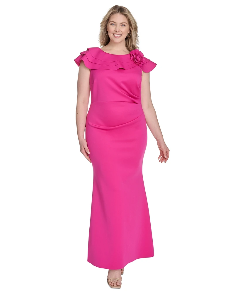 Jessica Howard Plus Ruffle-Sleeve Rosette-Trim A-Line Gown