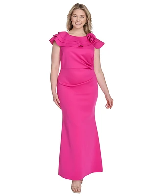 Jessica Howard Plus Ruffle-Sleeve Rosette-Trim A-Line Gown