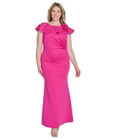 Jessica Howard Plus Ruffle-Sleeve Rosette-Trim A-Line Gown