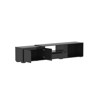 Tv stand with 2 drawers, 2 cabinet doors, retractable media console, black wood entertainment center