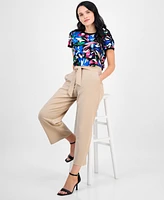 Ak Anne Klein Petite Printed Button-Back Short-Sleeve Top