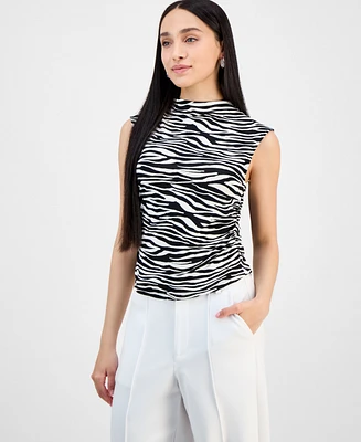 Bar Iii Petite Printed Ruched-Side Mock-Neck Top, Exclusively at Macy's